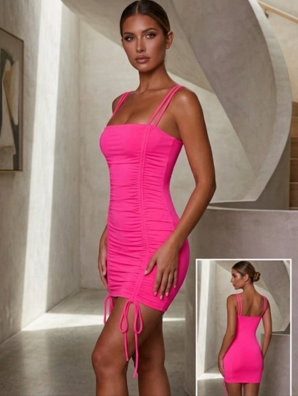 Revamped Women's Hot Pink Strappy Ruched Ties Slinky Mini Dress